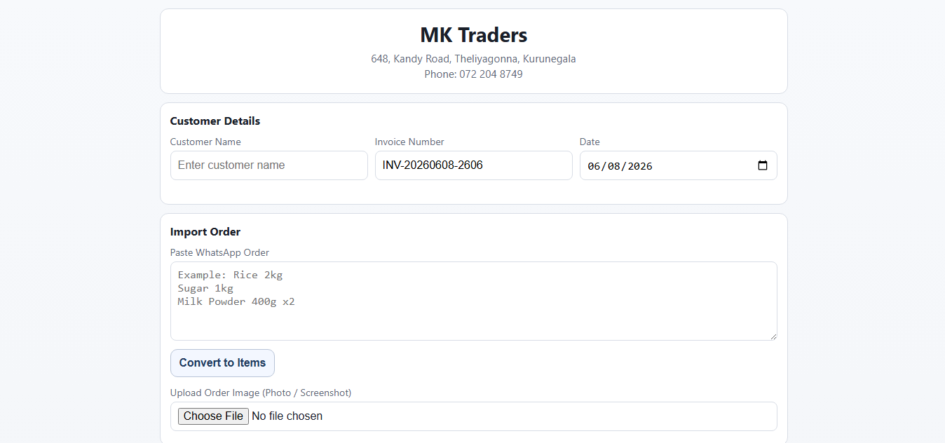 MK Traders billing and invoice management system built by WebFox Sri Lanka
